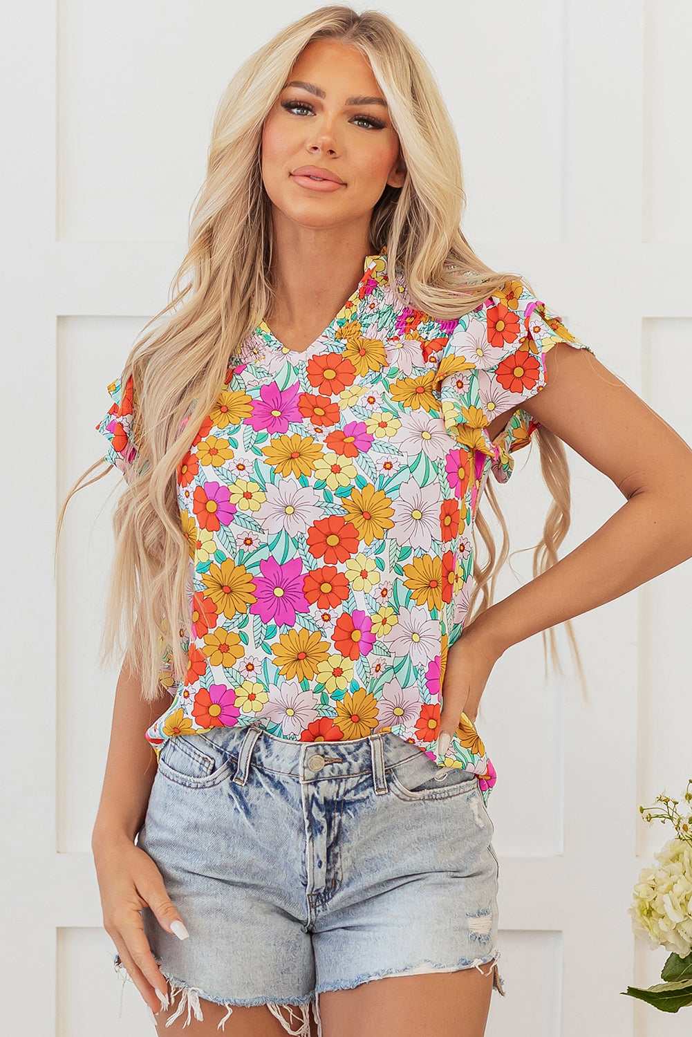 Leslie Floral Shirred Tiered Ruffled Sleeve Blouse-4