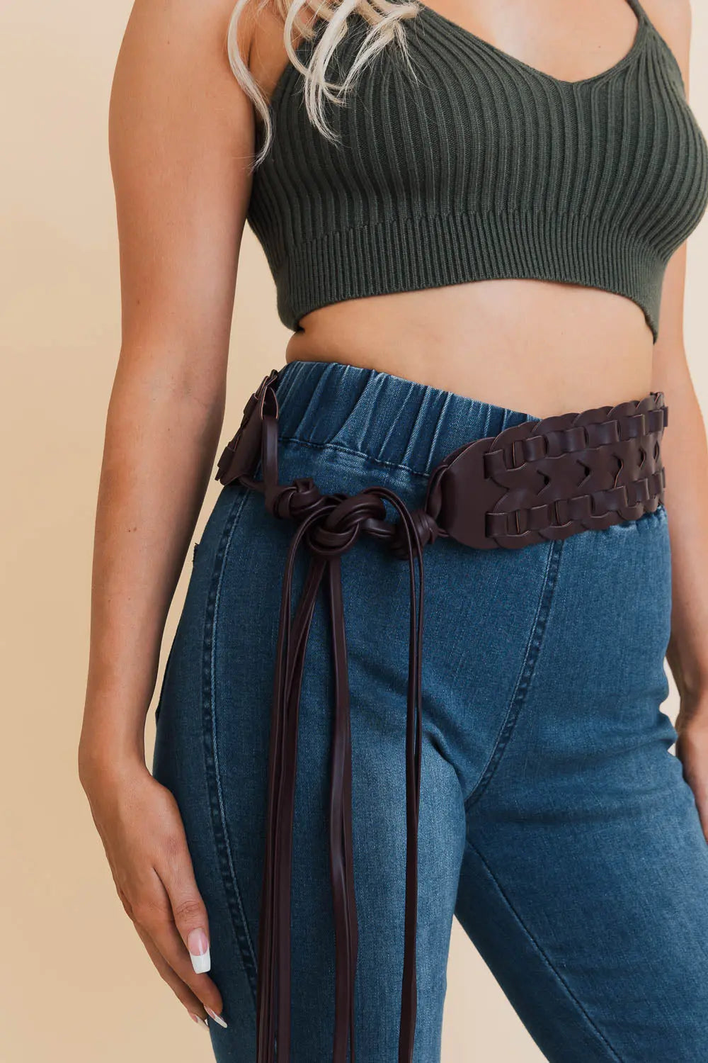 Wide Woven Leather Waist Tie Up Belt Leto Collection