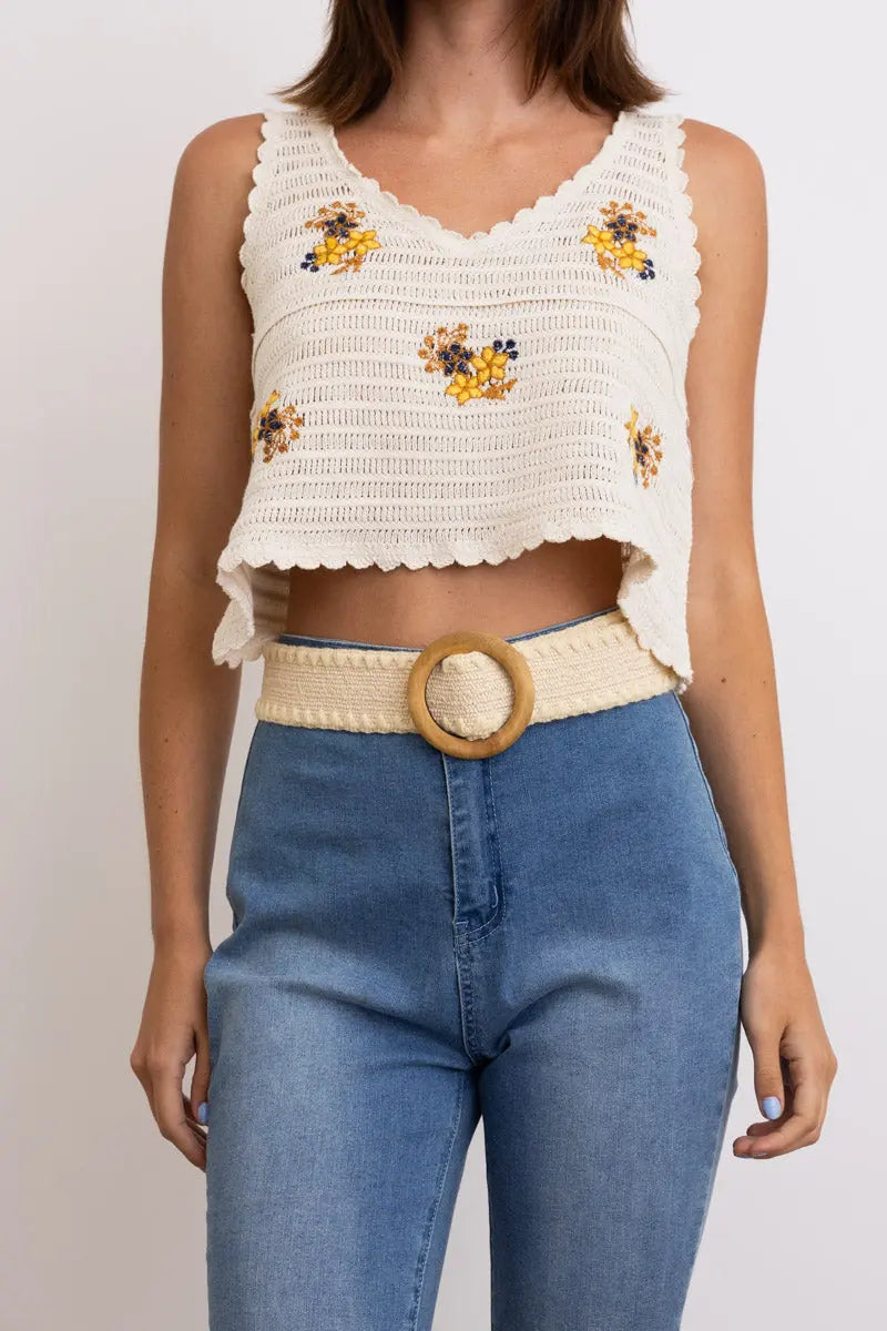Whipstitch Raffia Belt with Wooden Round Buckle Leto Collection
