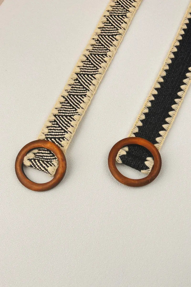 Whipstitch Raffia Belt with Wooden Round Buckle Leto Collection