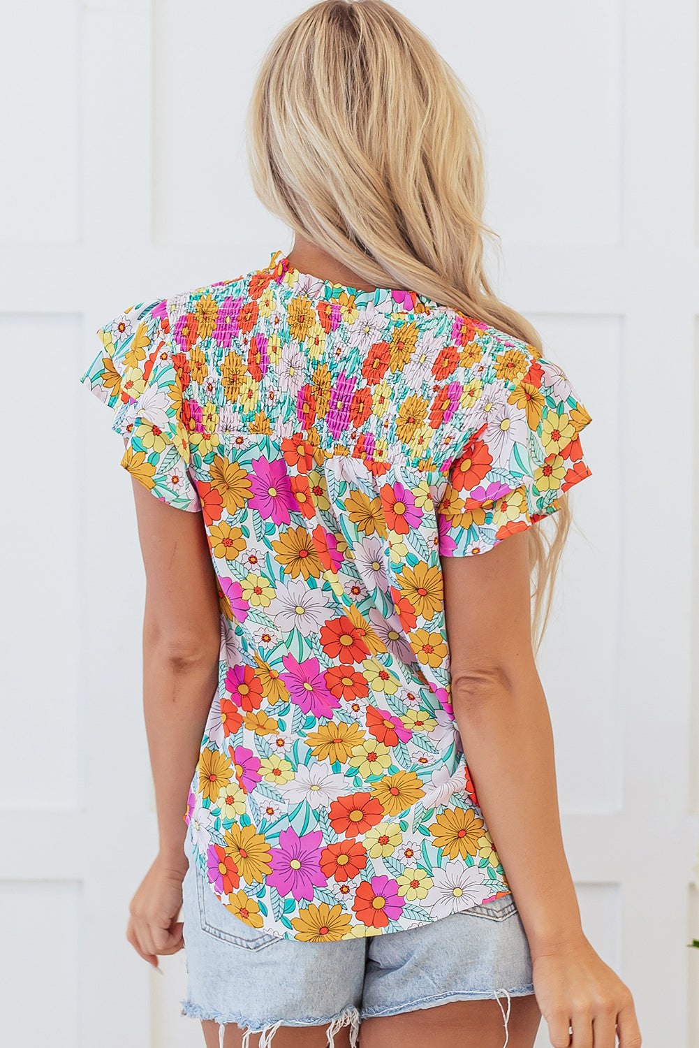 Leslie Floral Shirred Tiered Ruffled Sleeve Blouse-1
