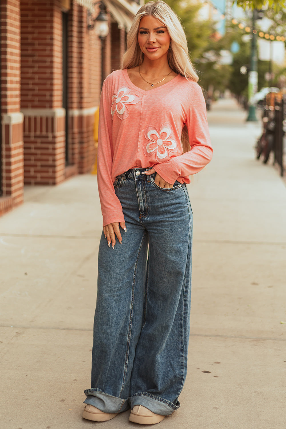 Rachel Floral Patchwork V Neck Long Sleeve Top-3