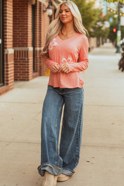 Rachel Floral Patchwork V Neck Long Sleeve Top-4