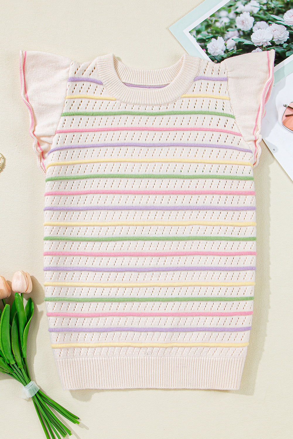 Annalise Striped Eyelet Ruffled Sleeve Sweater-2