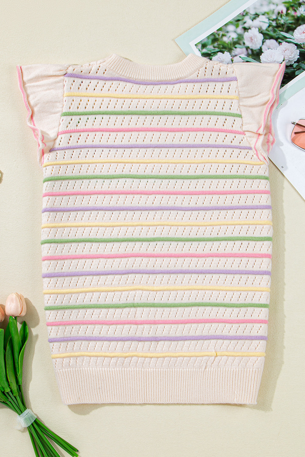 Annalise Striped Eyelet Ruffled Sleeve Sweater-3