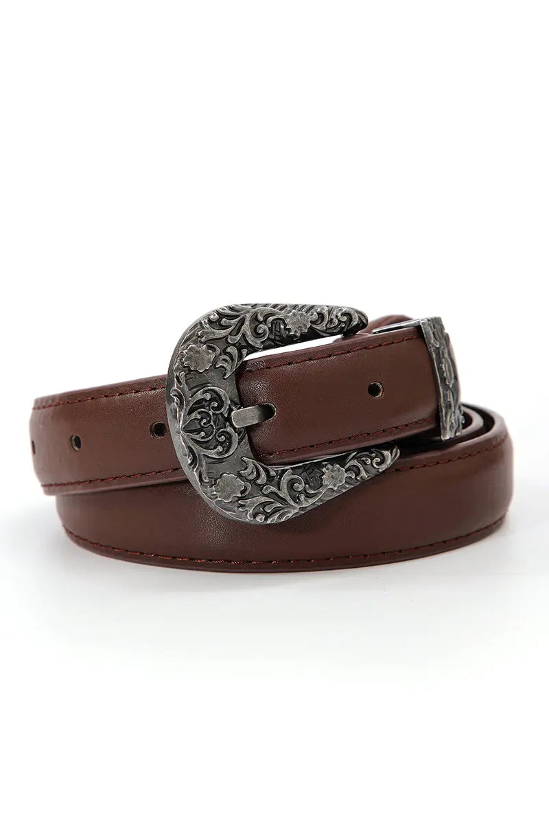 Antique Floral Engraved Western Skinny Belt 🦬 Boho Clothing and Accessories