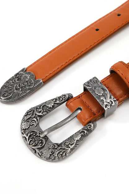 Antique Floral Engraved Western Skinny Belt 🦬 Boho Clothing and Accessories