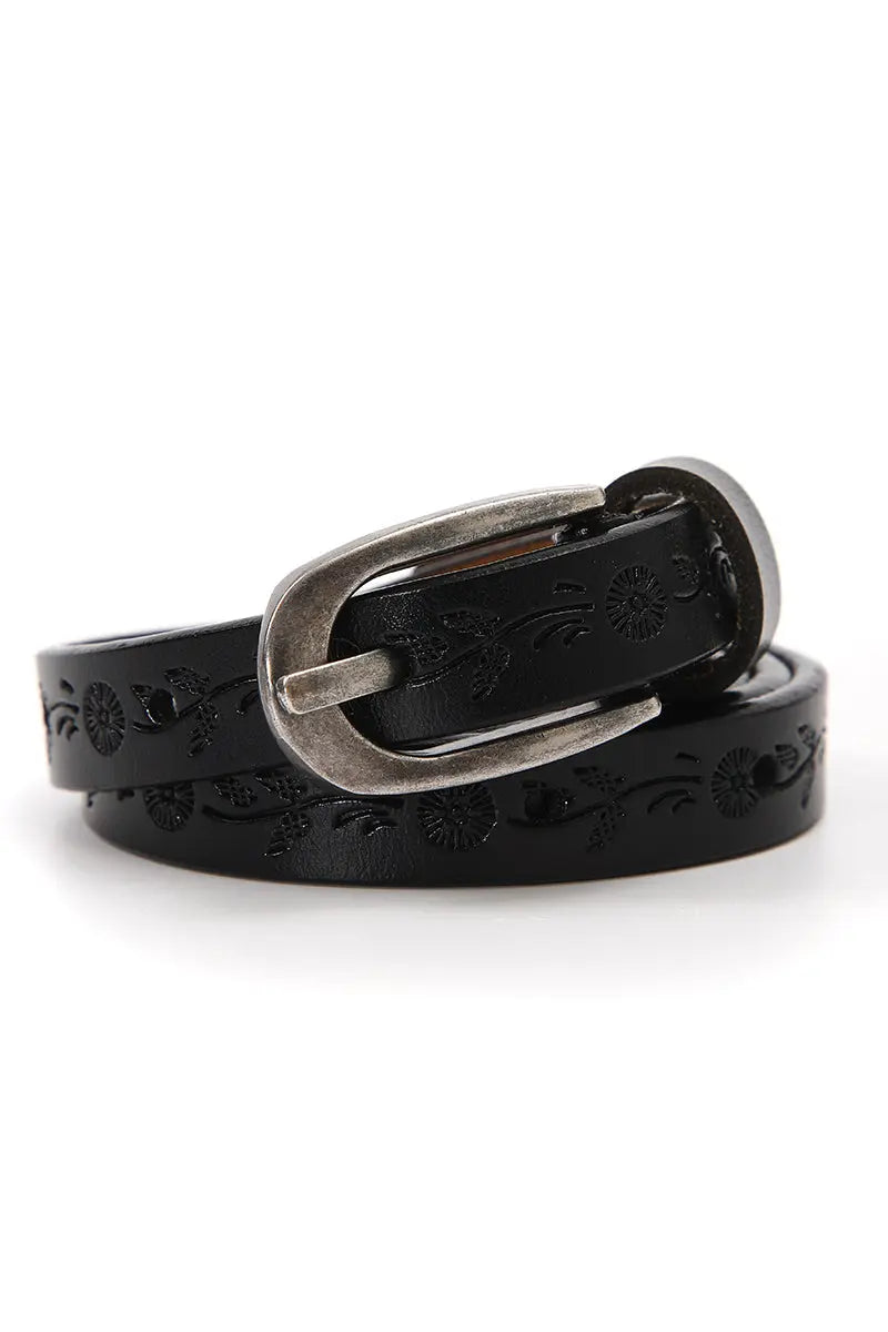 Floral Embossed Skinny Leather Belt 🌹 Boho Clothing and Accessories
