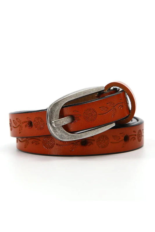 Floral Embossed Skinny Leather Belt 🌹 Boho Clothing and Accessories