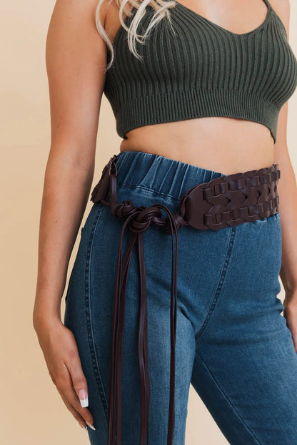Wide Woven Leather Waist Tie Up Belt Leto Collection