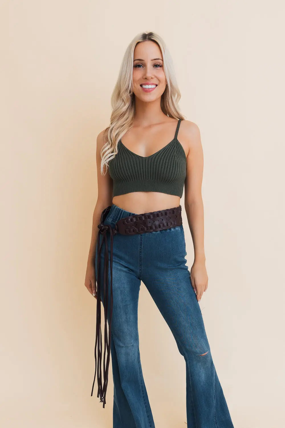 Wide Woven Leather Waist Tie Up Belt Leto Collection