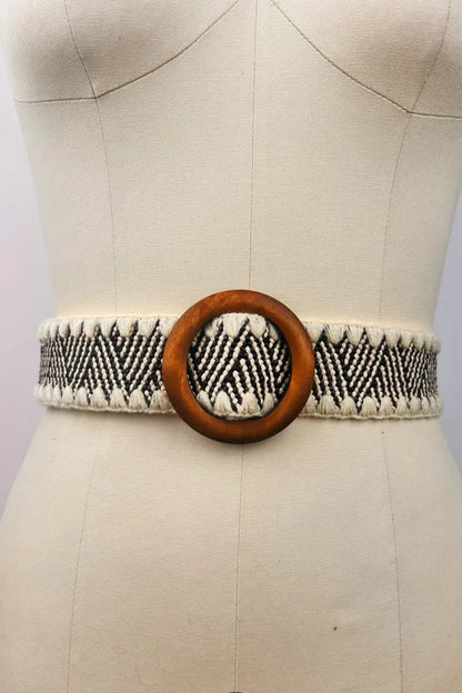 Whipstitch Raffia Belt with Wooden Round Buckle Leto Collection