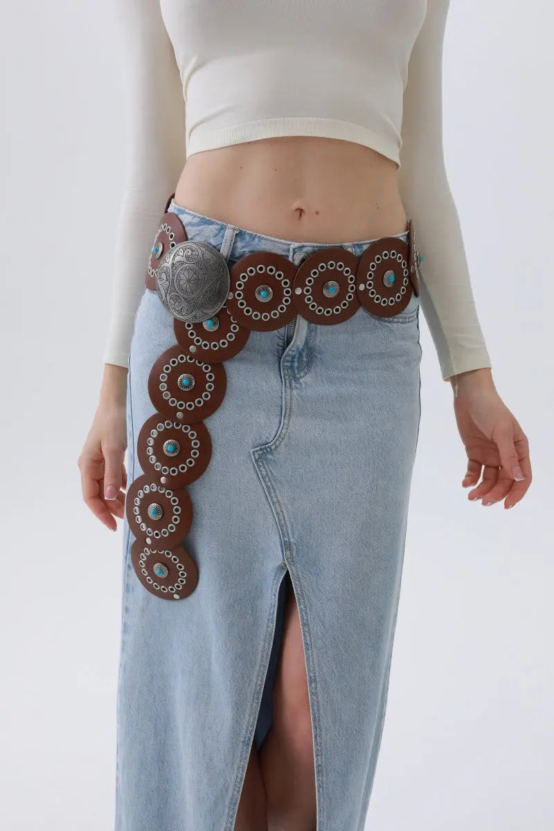 Turquoise Disc Western Belt – Handcrafted Desert Stone Detail💎 Leto Collection