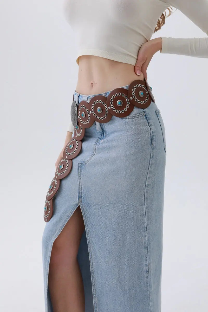 Turquoise Disc Western Belt – Handcrafted Desert Stone Detail💎 Leto Collection