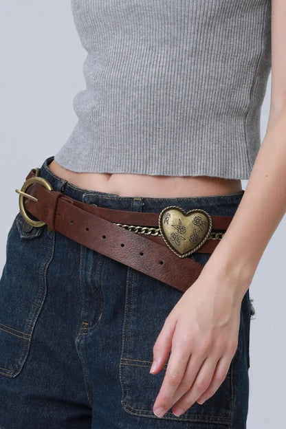 Vintage Western Belt – Faux Leather with Heart & Chain Accent 🤠💖 Leto Collection
