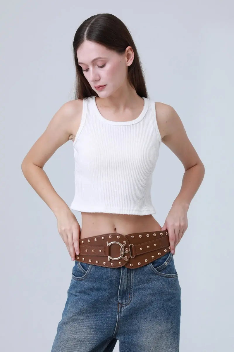 Vintage Bohemian Wide Belt – Studded Leather Waist Cincher ⛓️🌹 Leto Collection