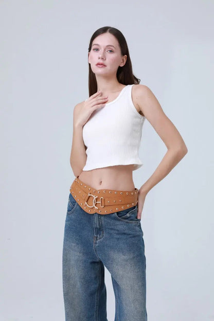 Vintage Bohemian Wide Belt – Studded Leather Waist Cincher ⛓️🌹 Leto Collection