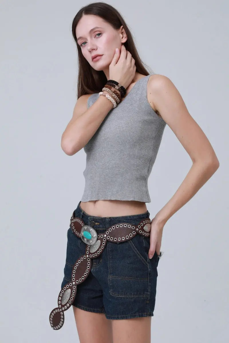 Boho Western Belt – Vintage Turquoise Inlaid Buckle💎 Leto Collection