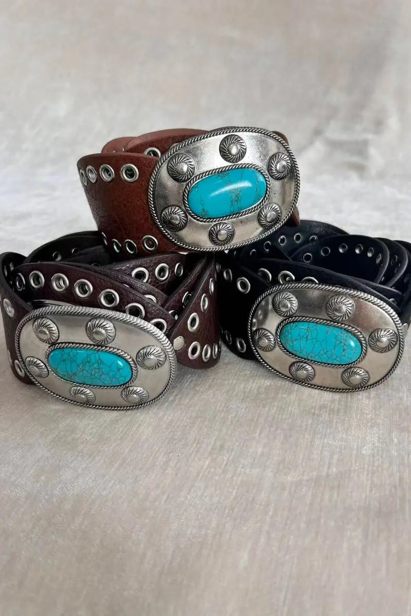 Boho Western Belt – Vintage Turquoise Inlaid Buckle💎 Leto Collection