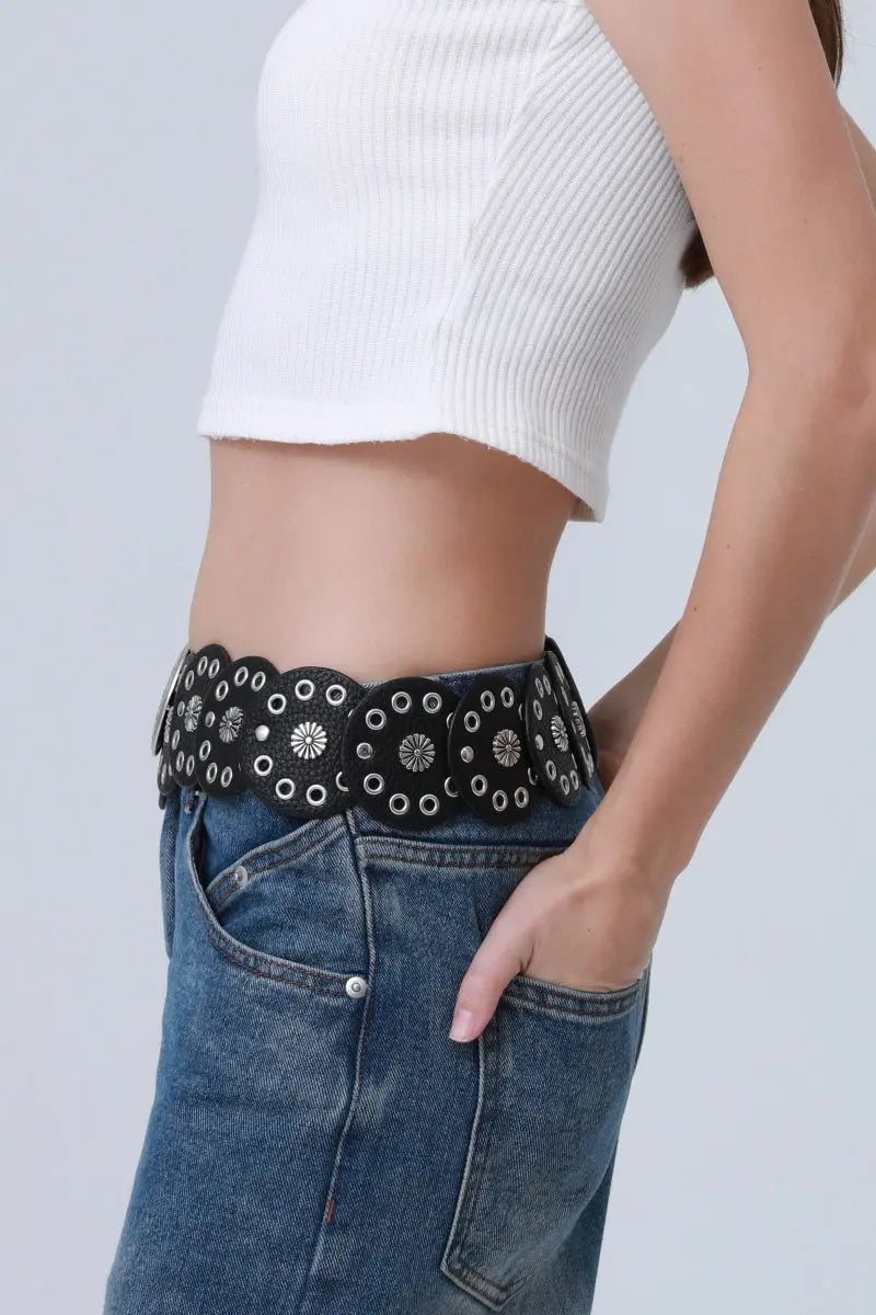 Boho Western Belt – Vintage Round Patch & Studded Detail 🌵✨ Leto Collection