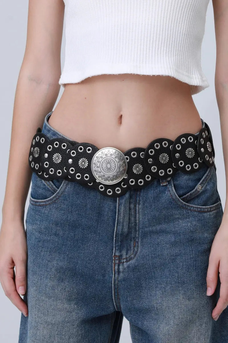 Boho Western Belt – Vintage Round Patch & Studded Detail 🌵✨ Leto Collection