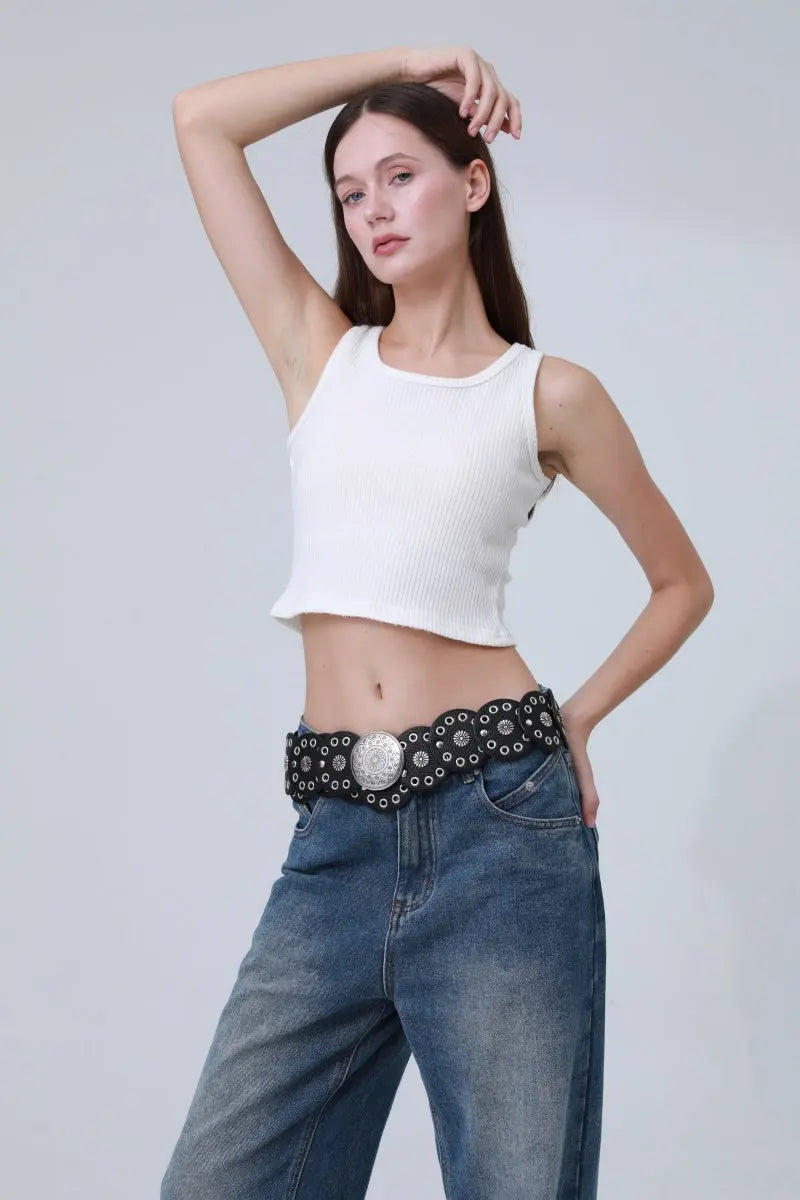 Boho Western Belt – Vintage Round Patch & Studded Detail 🌵✨ Leto Collection