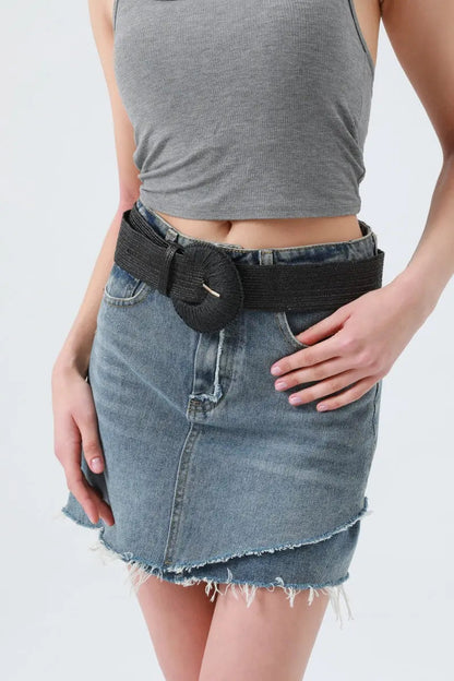 Artisan Raffia Elastic Belt with Crescent Moon Buckle Leto Collection