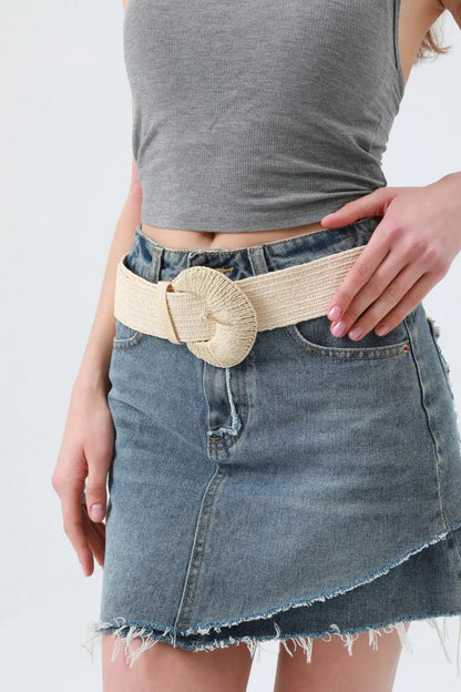 Artisan Raffia Elastic Belt with Crescent Moon Buckle Leto Collection