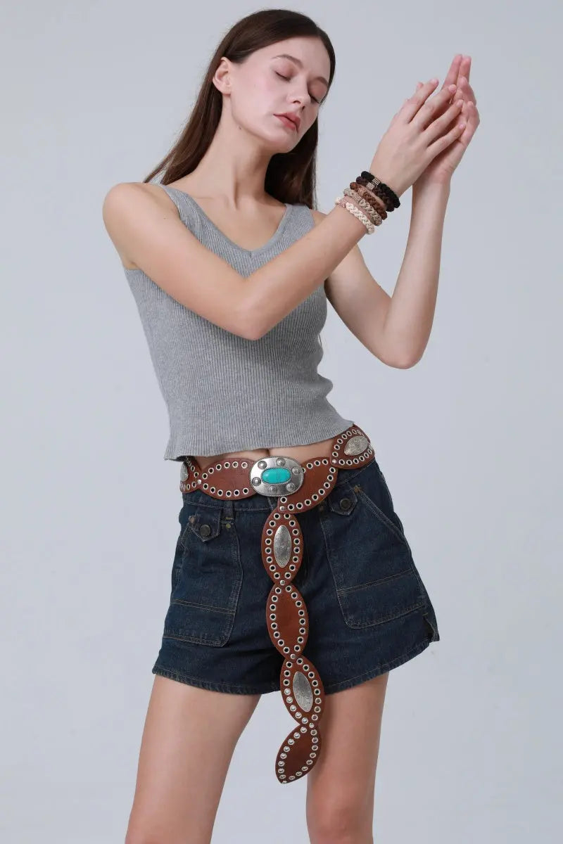 Boho Western Belt – Vintage Turquoise Inlaid Buckle💎 Leto Collection