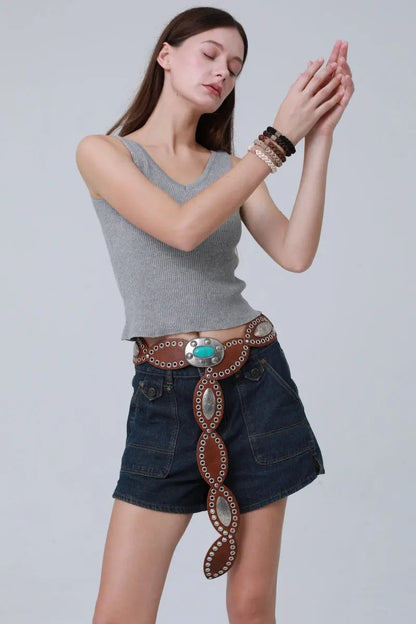 Boho Western Belt – Vintage Turquoise Inlaid Buckle💎 Leto Collection