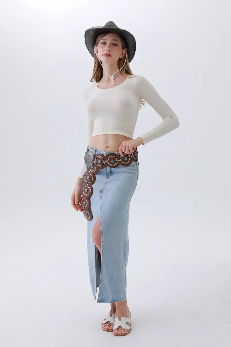 Turquoise Disc Western Belt – Handcrafted Desert Stone Detail💎 Leto Collection