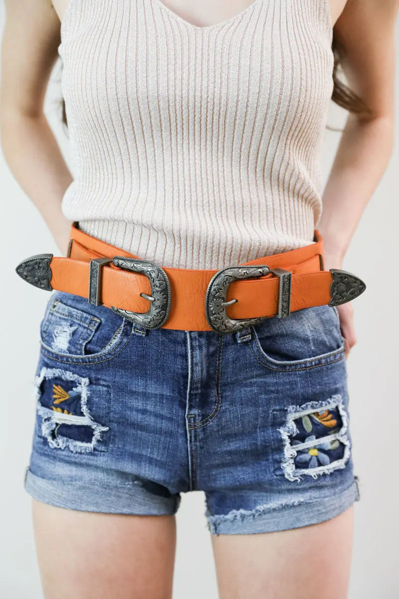 Leto Collection Western double buckle belt in camel leather, featuring dual buckles and classic western style.