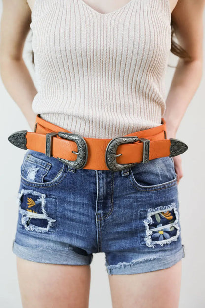 Leto Collection Western double buckle belt in camel leather, featuring dual buckles and classic western style.