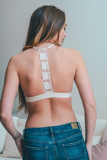 Leto Collection crochet T-back bralette in natural color, featuring intricate crochet detailing and a comfortable fit.