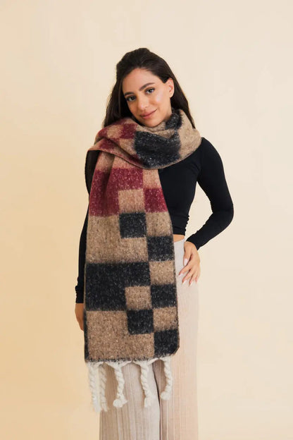 Multi Colored Checkered Scarf w/ Tassels Leto Collection