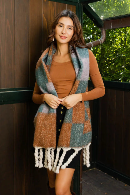 Multi Colored Checkered Scarf w/ Tassels Leto Collection