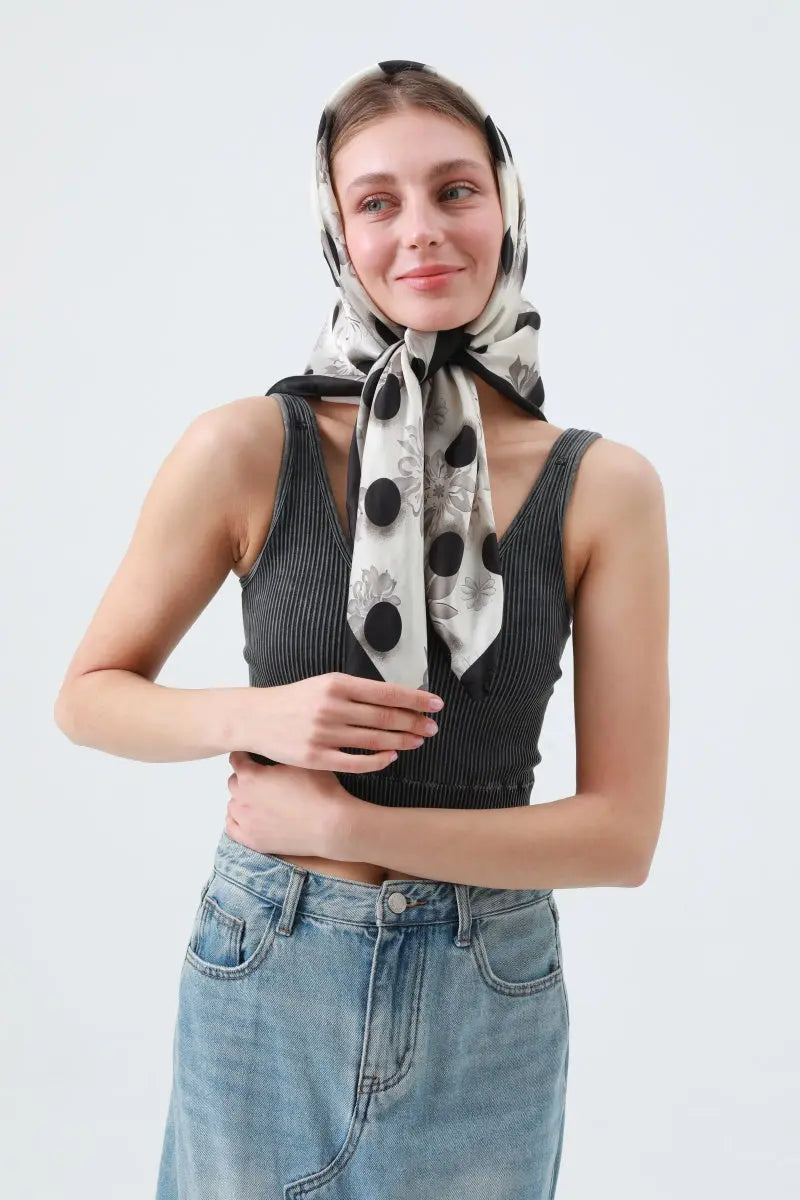 Retro Blossom & Dot Print Scarf – Airy Silky Square 🌸⚫ Leto Collection
