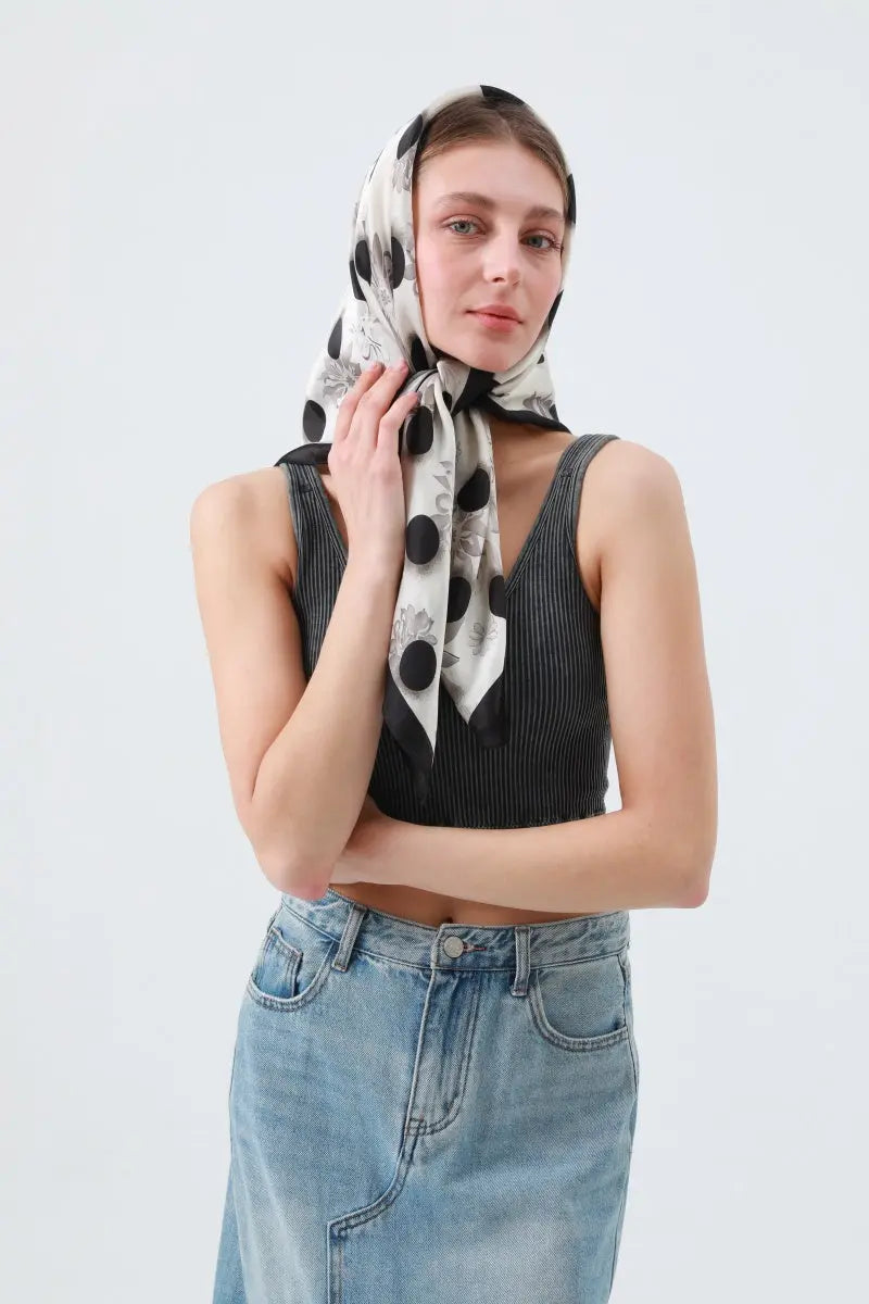 Retro Blossom & Dot Print Scarf – Airy Silky Square 🌸⚫ Leto Collection