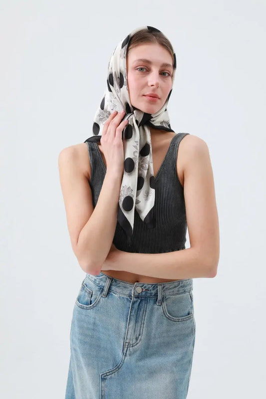 Retro Blossom & Dot Print Scarf – Airy Silky Square 🌸⚫ Leto Collection