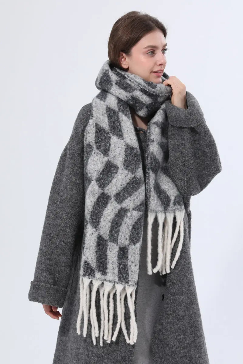 Women Abstract Diamond Check Tassel Scarf Soft Thick Winter Wrap Shawl 🧣✨ Leto Collection
