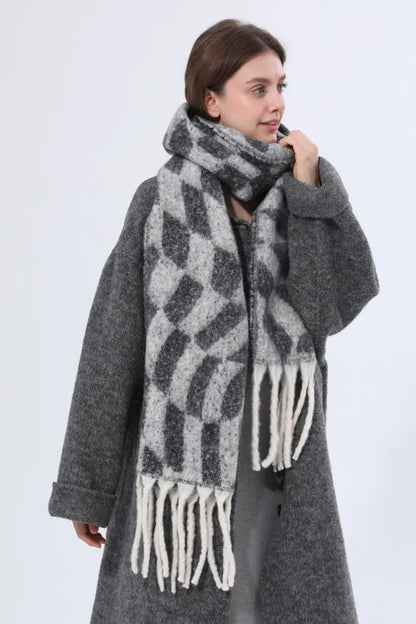 Women Abstract Diamond Check Tassel Scarf Soft Thick Winter Wrap Shawl 🧣✨ Leto Collection