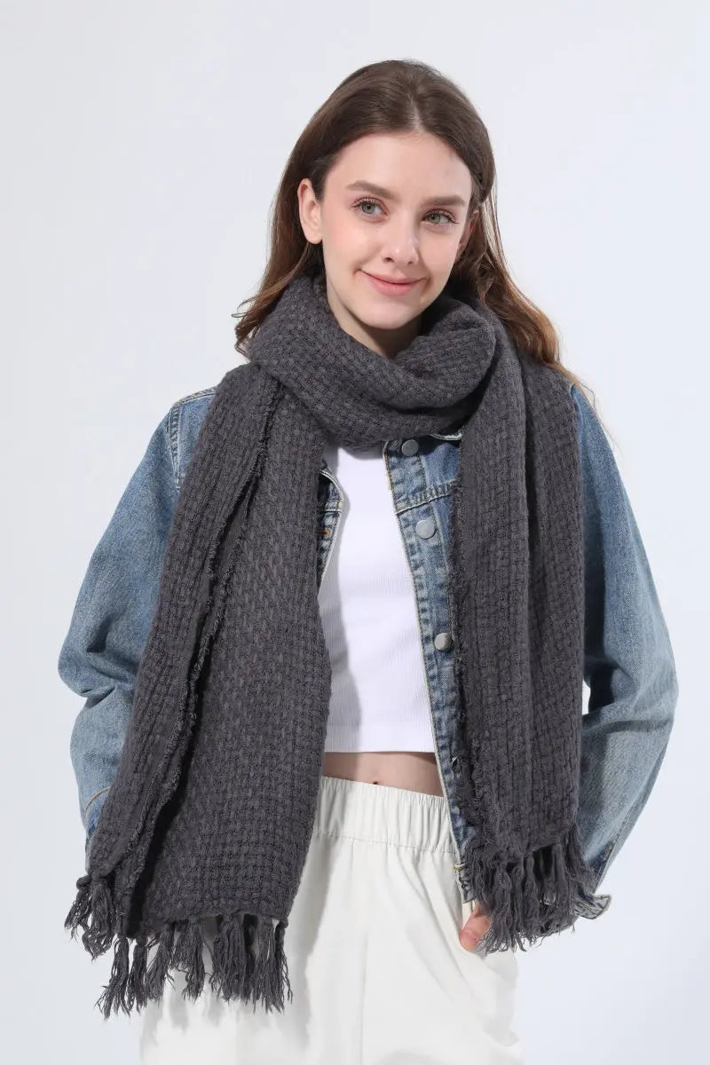 Women Solid Waffle Knit Fringe Scarf Soft Shawl Wrap 🧶🍂 Leto Collection