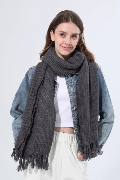 Women Solid Waffle Knit Fringe Scarf Soft Shawl Wrap 🧶🍂 Leto Collection