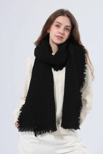 Women Waffle Knit Scarf Soft Fringe Solid Winter Shawl 🧶🤎 Leto Collection