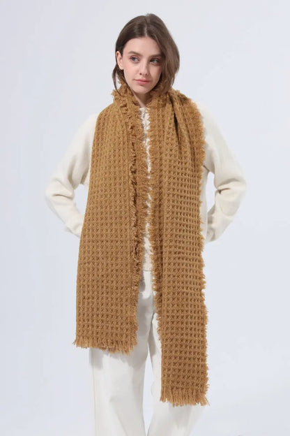 Women Waffle Knit Scarf Soft Fringe Solid Winter Shawl 🧶🤎 Leto Collection