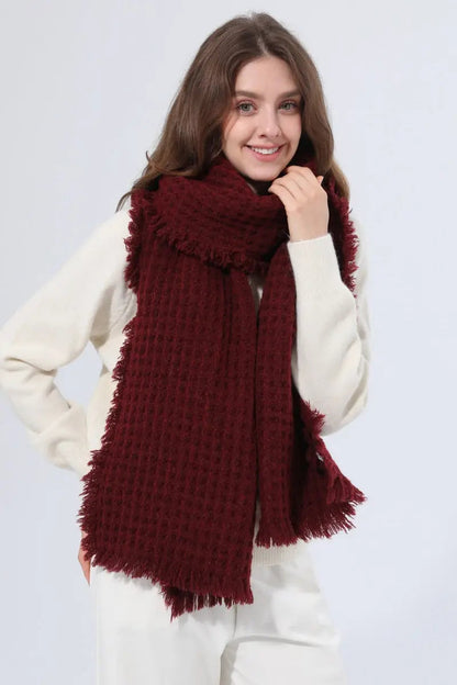 Women Waffle Knit Scarf Soft Fringe Solid Winter Shawl 🧶🤎 Leto Collection