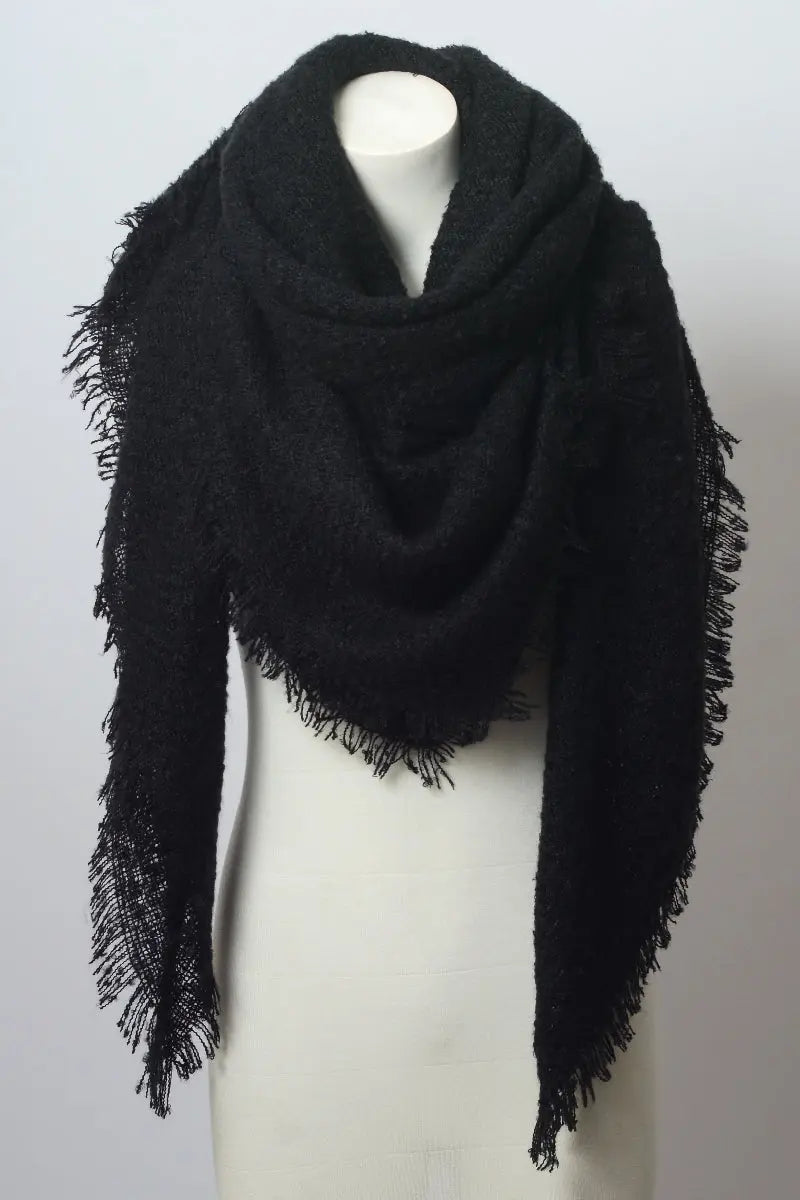 Black mohair square scarf from Leto Collection, showcasing soft, cozy knit fabric and stylish square design.
