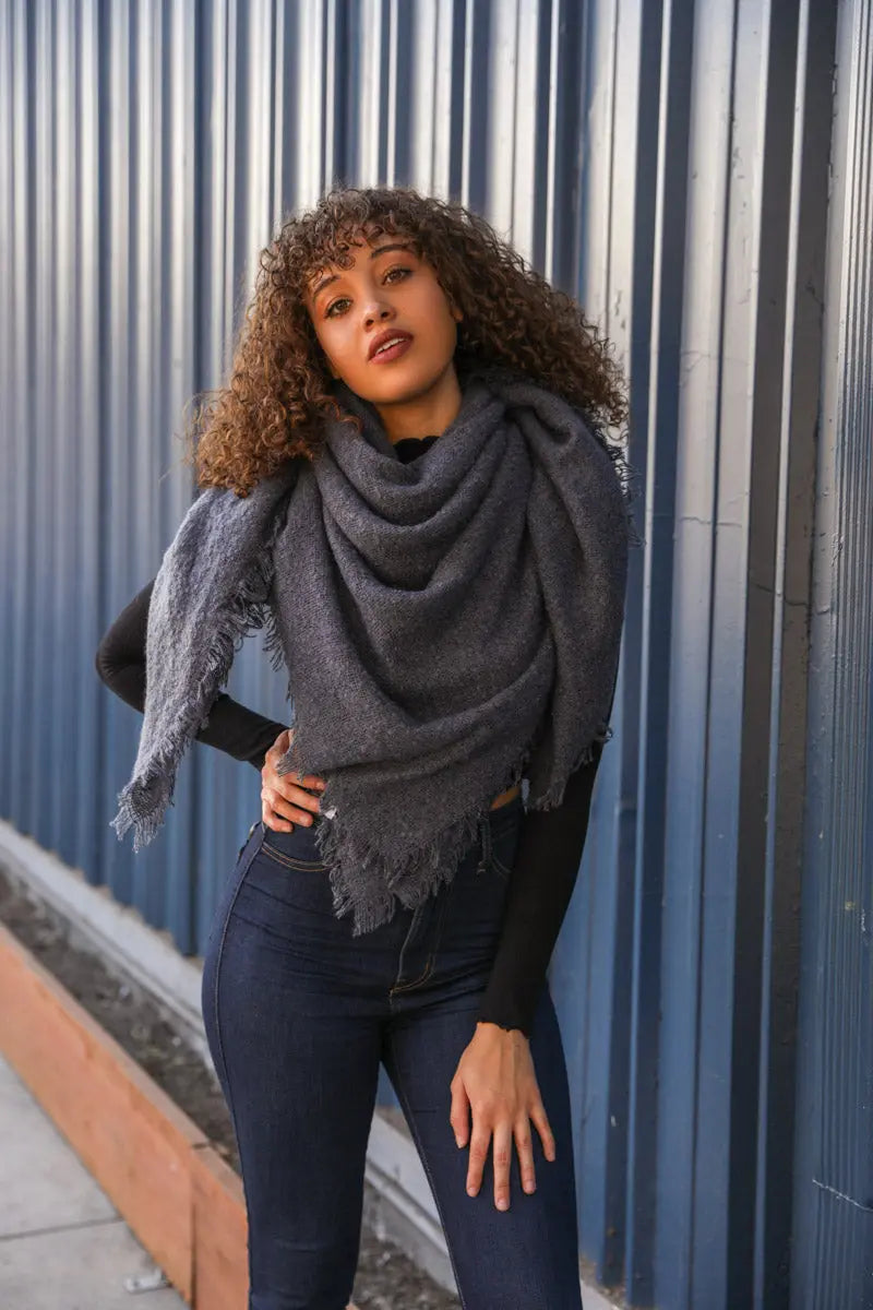 Leto Collection mohair square scarf in blue with a soft, cozy texture, perfect for stylish winter accessories.