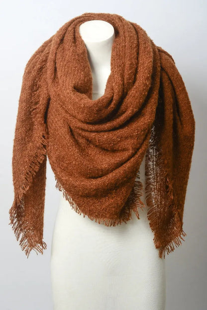 Camel mohair square blanket scarf from Leto Collection featuring soft, cozy knit fabric and stylish drape.