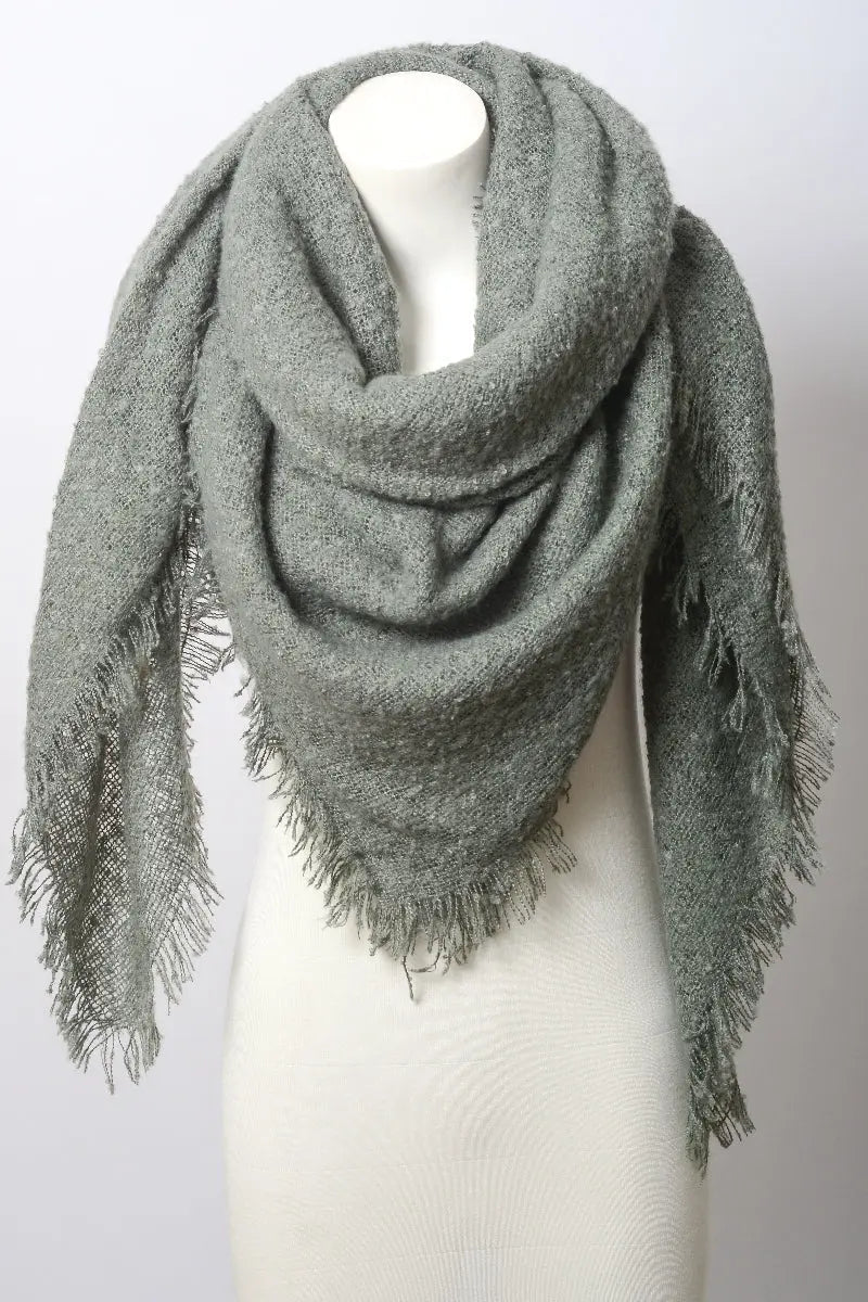 Leto Collection mohair square blanket scarf in sage green, soft and cozy with a stylish checkered pattern, perfect for layering.